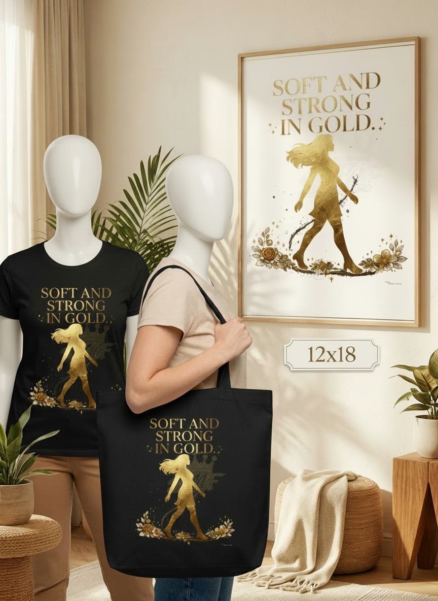 Faith Gift Bundle — T-Shirt, Tote & Wall Art | Soft and Strong in Gold | Printable Instant Download